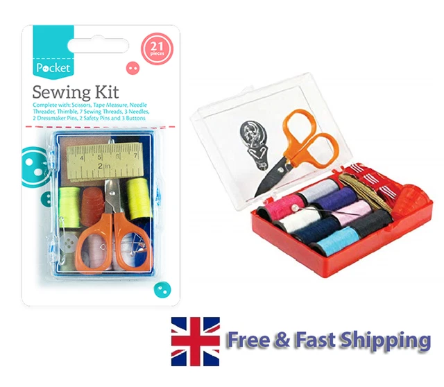 21 PIECE SEWING Kit Needle Thread Tape Measure Scissor Thimble Pins ...