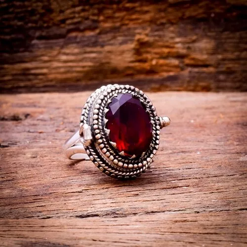 Red Garnet Poison Box Ring, 925 Sterling Silver Handmade Ring, Anniversary Ring