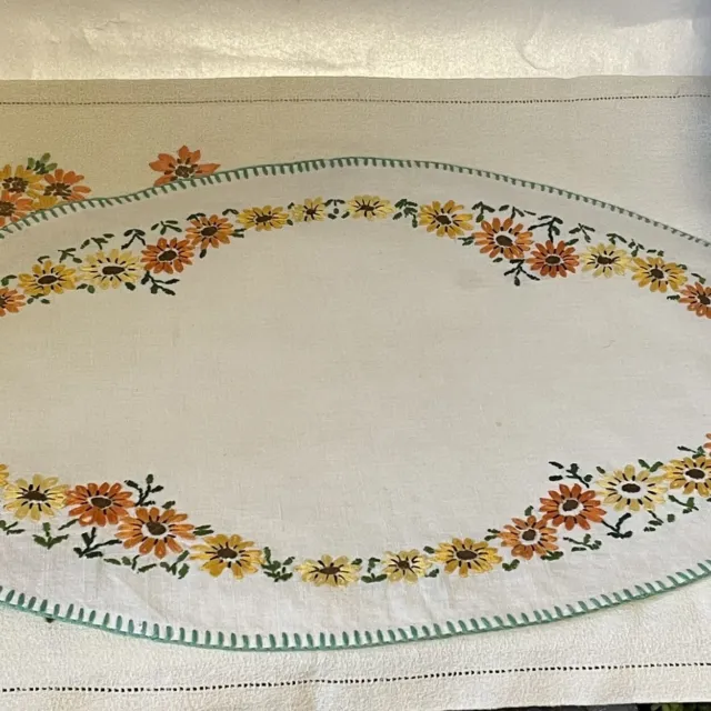 3 Hand Embroidered Tray Cloths floral Mats vintage retro textiles spring colours