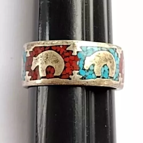 ! Old Pawn NAVAJO Sterling Crushed Inlaid Turquoise & Coral Bear Ring - sz 6.25