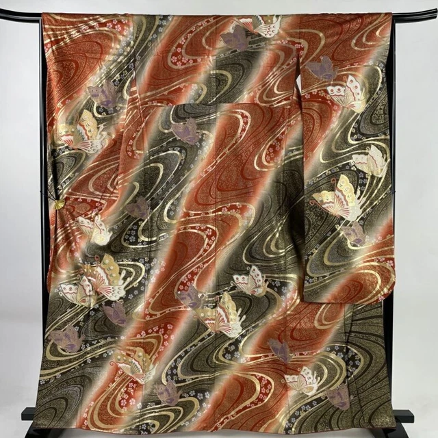 Japanese Kimono Furisode Pure Silk Butterfly Running Water Dyed Reddish Brown