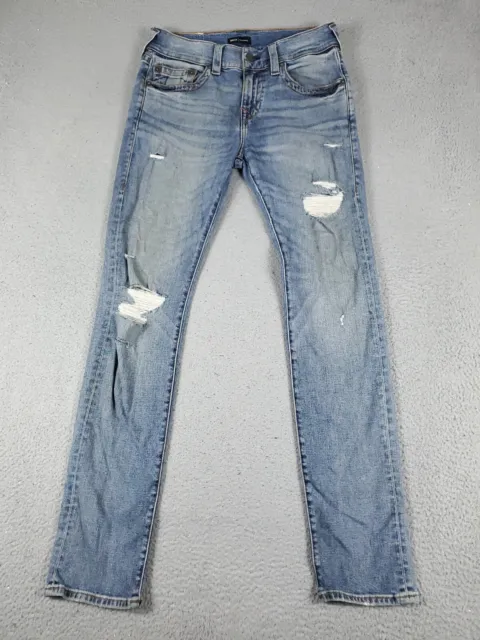 True Religion Jeans Mens Size 30x34 Blue Distressed Rocco Relaxed Skinny Pants *