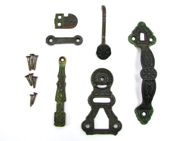Antique Eastlake Cast Iron Thumb Latch lock Catch Barn Door Gate vtg Cottage Set
