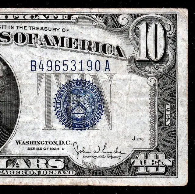 Fr.1705 1934D $10 SILVER CERTIFICATE "NARROW" BACK PLATE 1399 RARE COLLECTIBLE