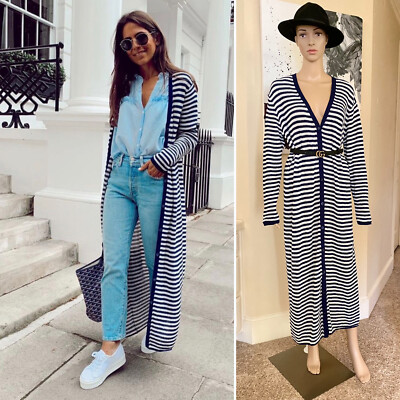 Zara Women Blue White Striped Knit Cardigan Jacket Long Size L 5802/019 Nwt
