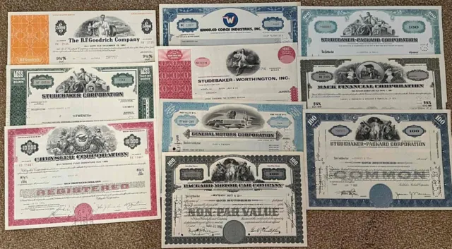 Mixed Lot of 10 Different Automotive Stock Certificates and Bonds
