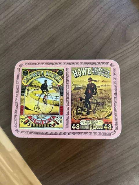 Vintage bicycle themed playing cards in pink metal container  Columbia Howe