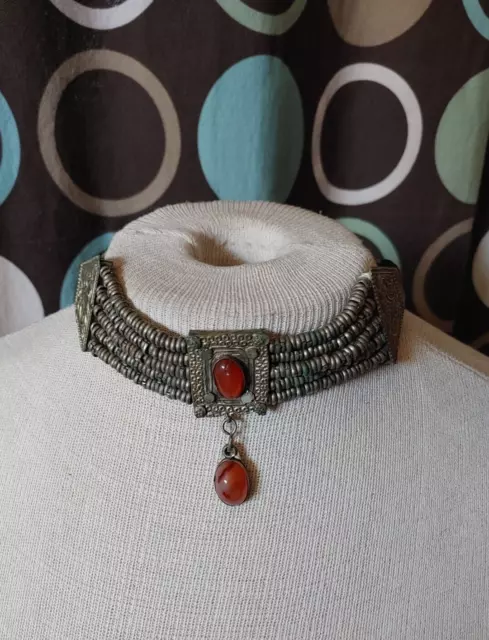Vintage necklace brass metal cotton Arabic Egyptian Yemeni style Carnelian agate