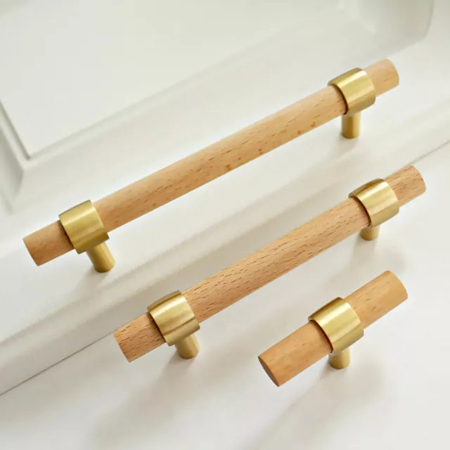 2.5" 3.75'' 4.5" 5''Beech Wood Handle Brass Cabinet Handle Pulls Wardrobe Pull