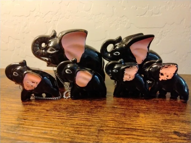 Vintage Redware Pottery 6 Elephant Family on Chain Figurines Black Pink Japan