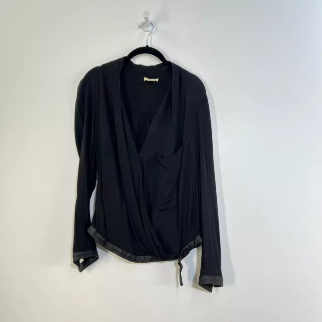 Helmut Lang Black Long Sleeve Morse Draped Top w/pocket and Leather Trim S