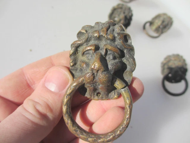 Antique Brass Lion Head Loop Handle Pull Vintage Old Hardware Drawer -£10each