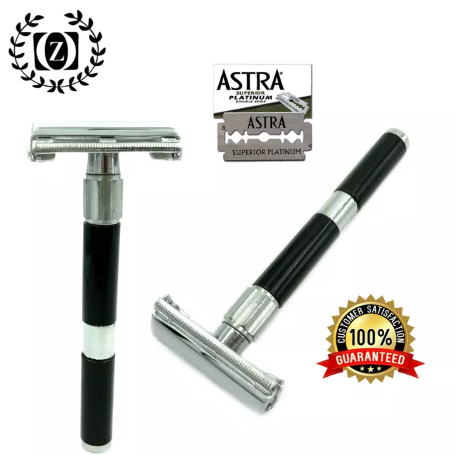 Long Handle Double Edge Butterfly Opening Safety Razor + Free Blades Black