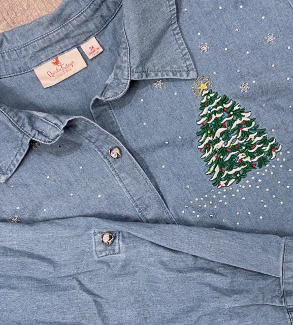 Quacker Factory Christmas Tree Embroidered Denim Shirt Shacket 3X Beaded Sequin
