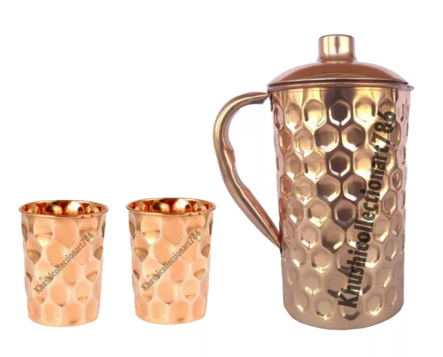 Handmade Copper Water Pitcher Jug Diamond Cut 1500ML Drinking Tumbler Cup 300ML