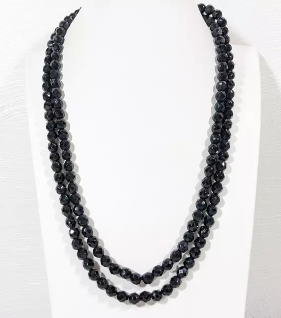 Vintage Black Glass Faceted Bead Double Strand Multi Layer Necklace 21 inches