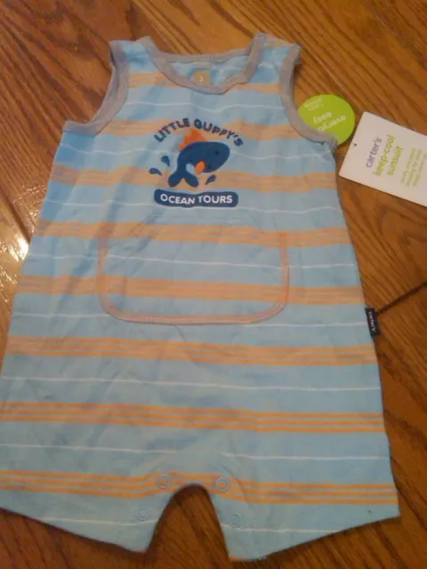 Nwt Infant Boys Carter's Sleeveless Short Romper Guppy's Blue Whale 3 Months