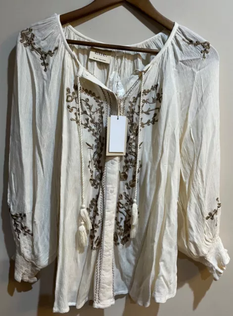 ELIE TAHARI Cream Embroidered Sheer Blouse with Tassel Size  Large