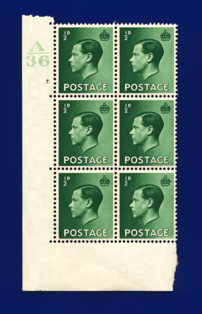 1936 SG457 ½d Green P1 Block (6) Cyl # 7 Dot Ctrl A36 Perf 5(E/I) MMH dhlt