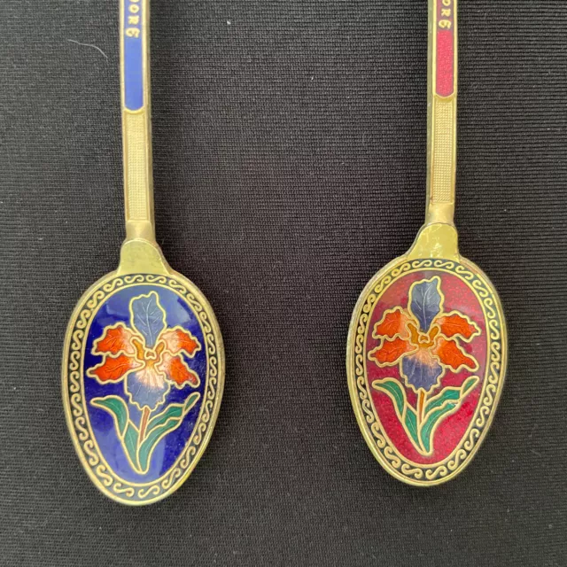 Vintage Lot 2 5" Gold Plated Souvenir Spoon Enamel Bowl Purple Flower Singapore 3