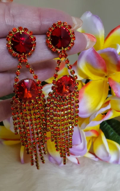 Ballroom Dance Jewelry Pierced Long Red Light Siam Earrings