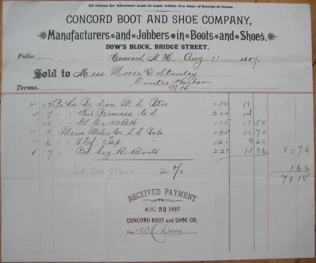 Concord, NH 1887 Letterhead: Boot & Shoe Company - New Hampshire