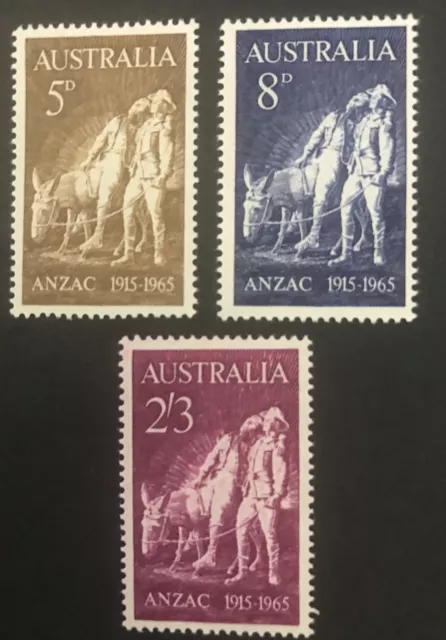 1965 5d, 8d, 2/3d 50th Anniversary of Anzac Complete Set of 3 MNH Stamps