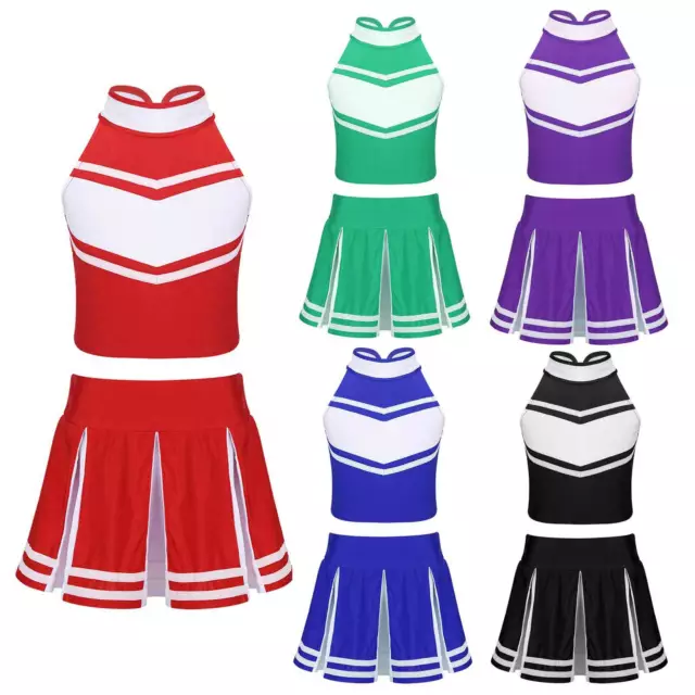 Kids Girls Cheerleading Set Costume School Stage Uniform Crop Top+Skirts Outfits