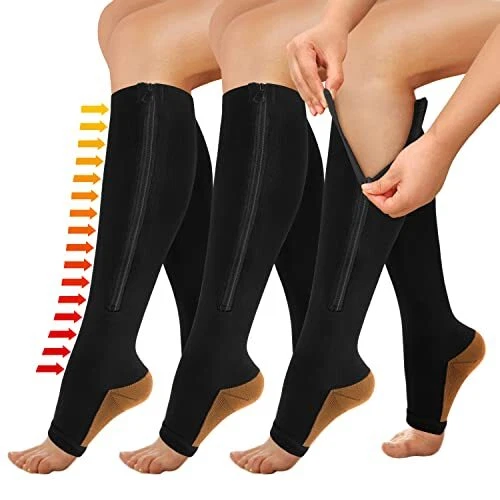 3 Pairs Zipper Copper Compression Socks for Women Men, Open Toe Medical