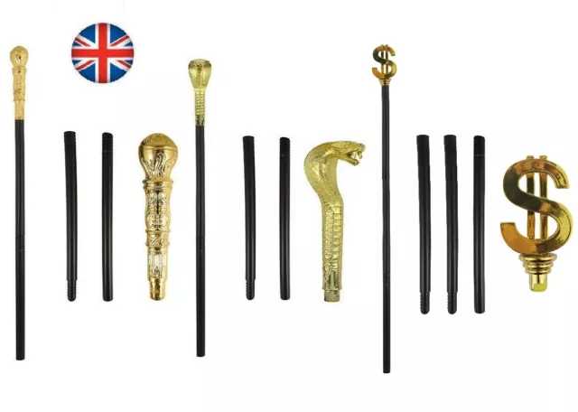 Egyptian Pharaoh Cane Snake Scepter Gold, Stick Pimp with gold Top 3 Pcs Set