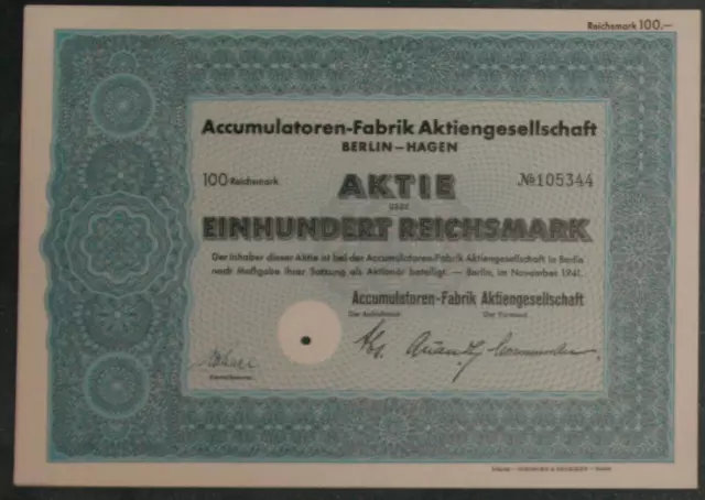 100 Stück Accumulatoren-Fabrik Aktiengesellschaft Berlin-Hagen 1941  100 RM