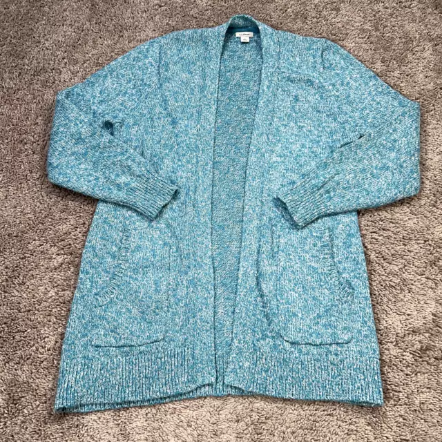 LL Bean Cardigan Womens Large Petite Blue Knit Open Sweater Marled Front Pockets