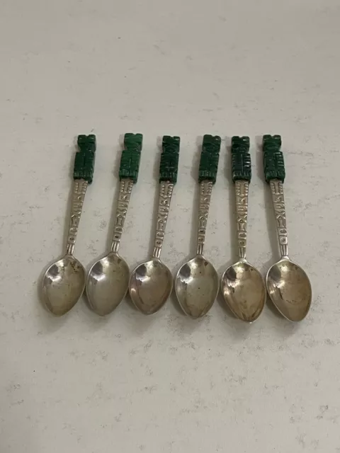 Vintage Mexicano 850 Plata & Jade Maya / Azteca Diseño Conjunto De 6 Cucharas