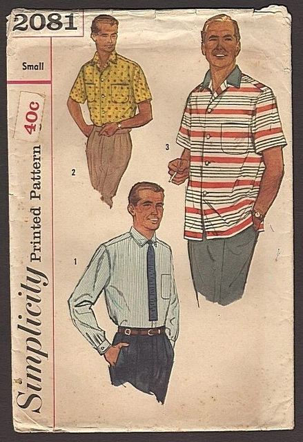 Simplicity 2081 Sewing Pattern Men's Shirts Chest 34 36 Vintage 1950s