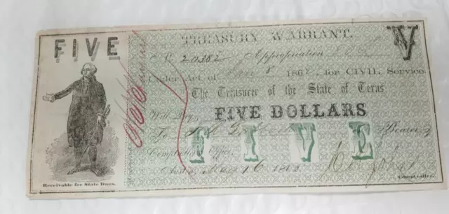 1862 TEXAS | Military Treasury Warrant Five Dollar $5 Certificate M997