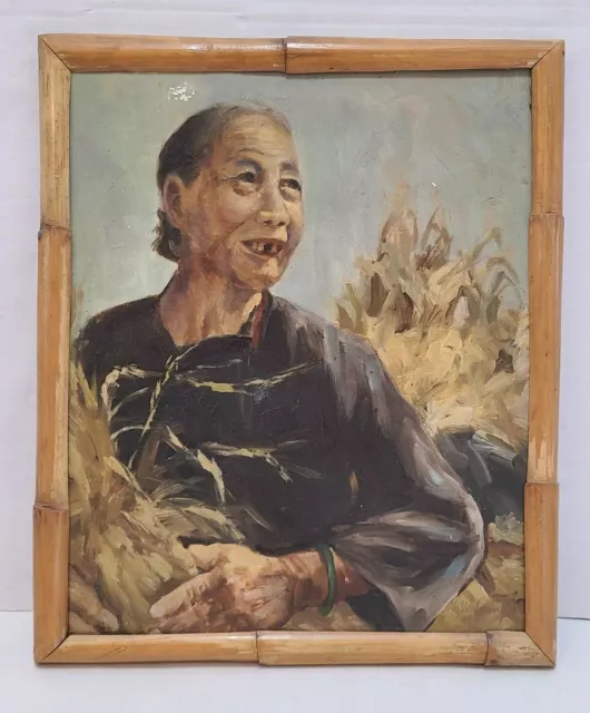 Vtg Signed Y W Leung Oil Painting Vietnam Chinese Woman Field Farm Worker Bamboo