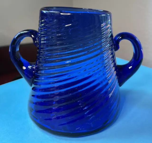 Vintage Cobalt Blue 2-Handled Ribbed Glass Cup w/ Pontil Mark Hand Blown 4" T