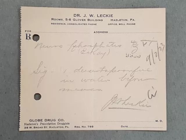 1923 antique DRUGGIST PRESCRIPTION hazleton pa DR. LECKIE