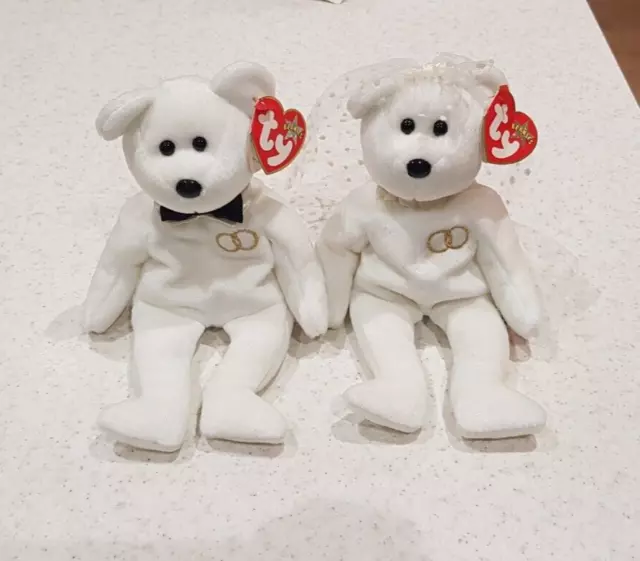 TY Beanie Babies / Baby, Mr and Mrs Bride & Groom wedding bears, with tags