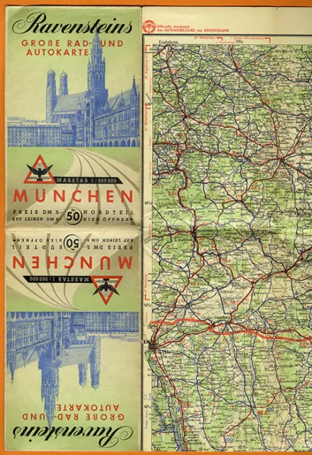 Alte Landkarte Ravenstein Auto Straßen Karte München Alpen Salzburg 1950