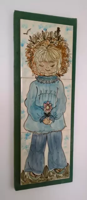 Vintage Mid Century Tiled Flower Girl Picture Wall Hanging 60s 70s