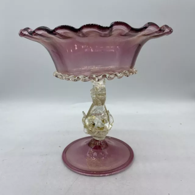 Antique Salviati Murano Pink Art Glass Compote w/ Gold Fume Koi Fish 7” READ
