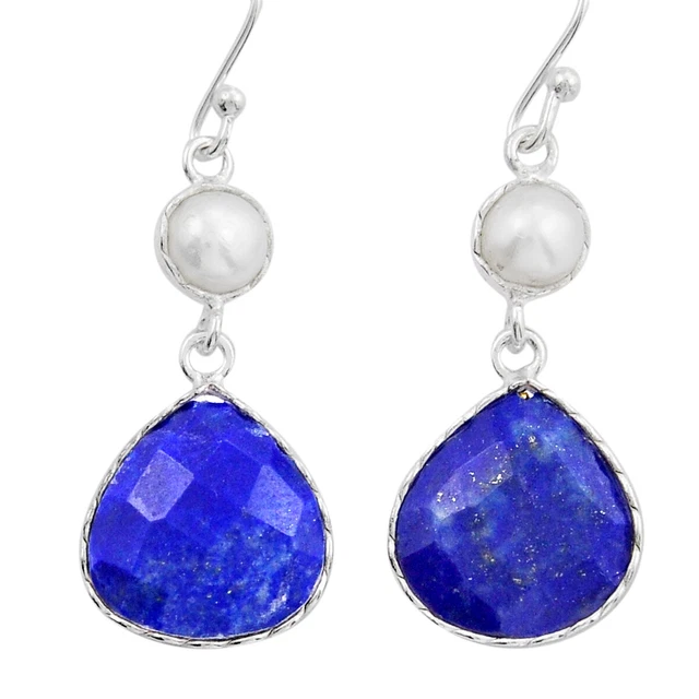 Free Shipping 11.28cts Checker Cut Lapis Lazuli Pearl Dangle Earrings Y22242