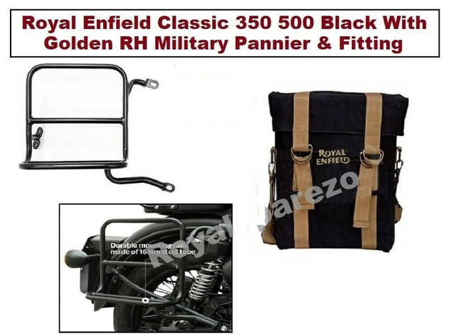 Royal Enfield Classic 350 500 Noir avec sacoche militaire Golden RH et fixation