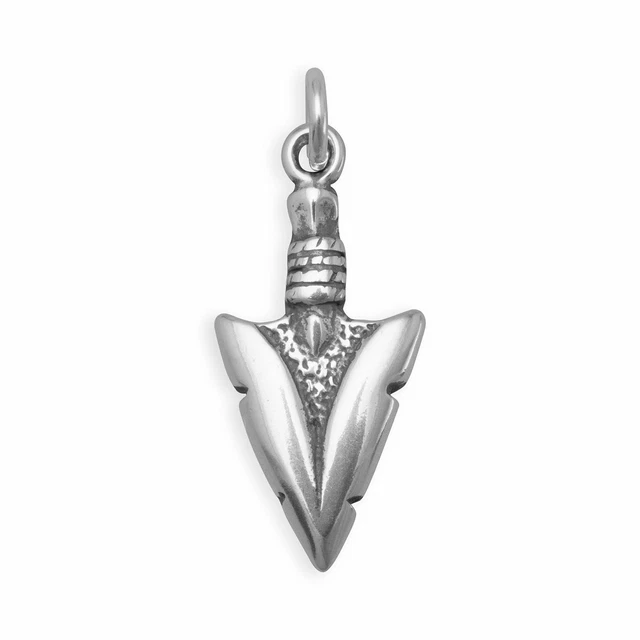 Mens Bikers 25mm Long Hanging Drop Oxidized Arrowhead Charm Pendant 14K White GP