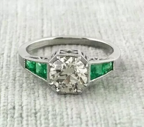 ART DECO ROUND Lab Created Diamond & Emerald Wedding 14Ct White Gold ...