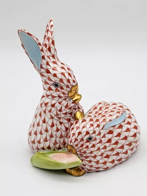 Vintage #5326 Herend Rust Fishnet Rabbits W/Corn Porcelain Figurine Ex.condition