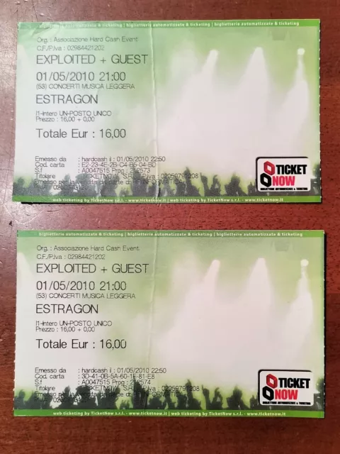 n° 2 Biglietti Ticket concerto EXPLOITED 01/05/2010 Estragon Bologna