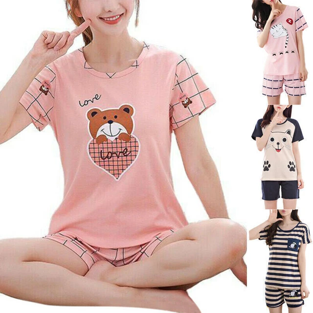 Women Cartoon Print Short Sleeve T-shirt Shorts Set Pajamas Nightwear Sleepwear