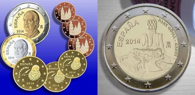 manueduc   ESPAÑA 2014  Las 9 Monedas   CON 2 Euros CONMEMORATIVA  GUELL  UNC